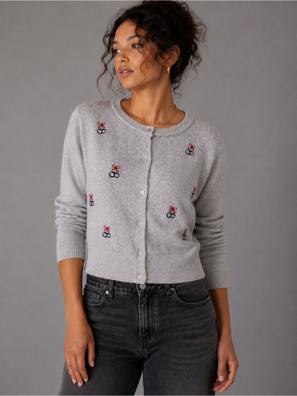 NWT Sweet Envy Gray Cherry Embroidered Cardigan Sweater XL Coquette Preppy